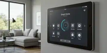 Wall-mounted tablet acting as a smart home control panel in a modern living room.