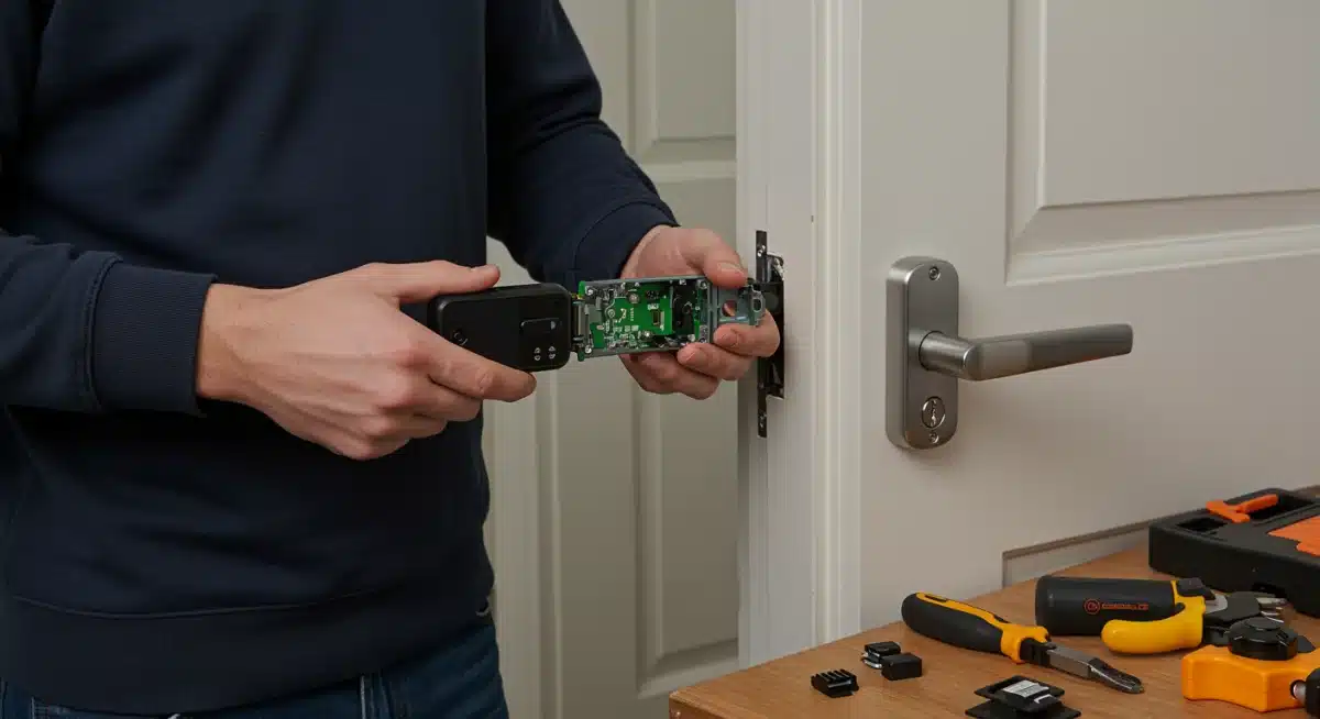 Professional demonstrating DIY smart lock installation on a door