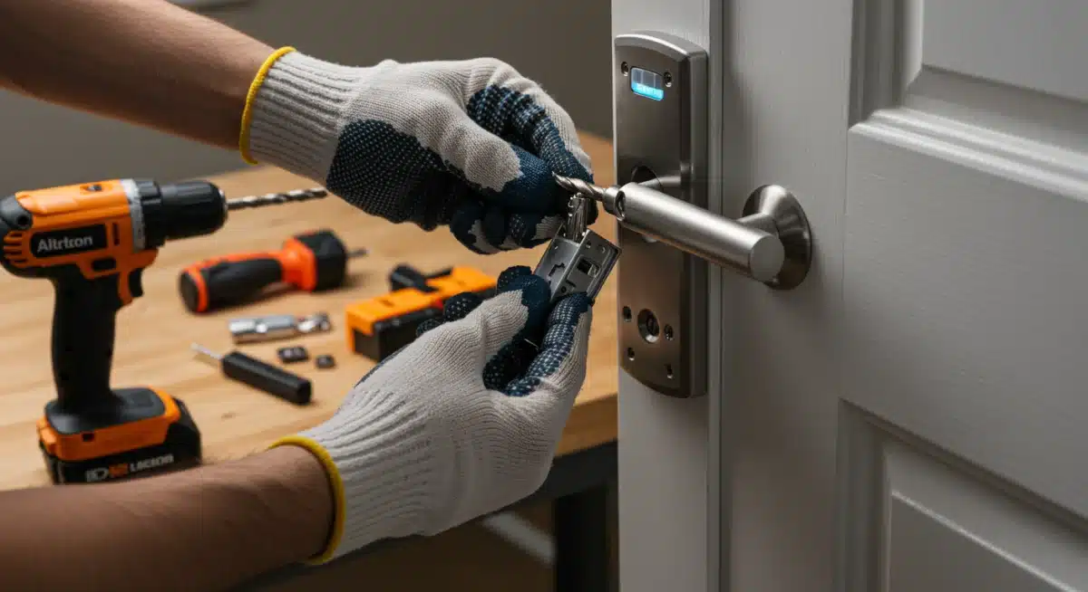 Homeowner installing exterior smart lock assembly with precision, tools visible.