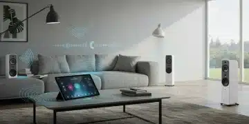 Futuristic living room with synchronized smart speakers for multi-room audio automation