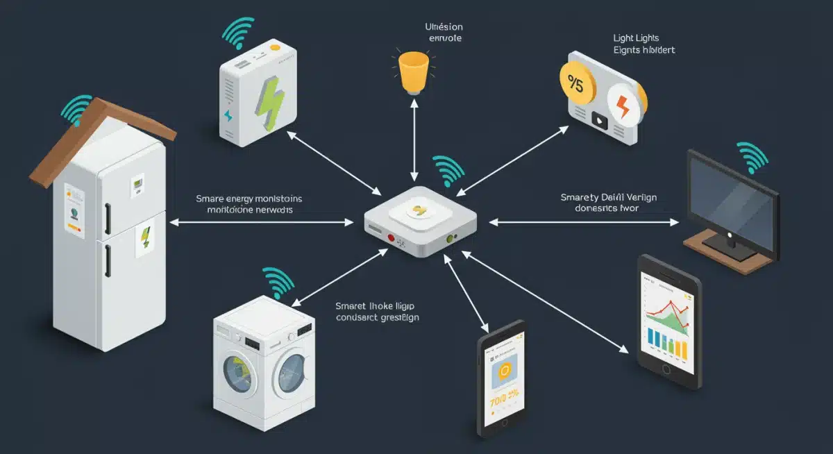 Infographic showing home appliances connected to smart energy monitoring system