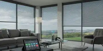 Modern living room with automated smart blinds, showing partial opening for light control.