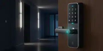 Modern smart lock on a wooden door with digital keypad and fingerprint scanner