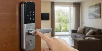 Modern smart door lock on a wooden door, symbolizing enhanced home security and convenience.