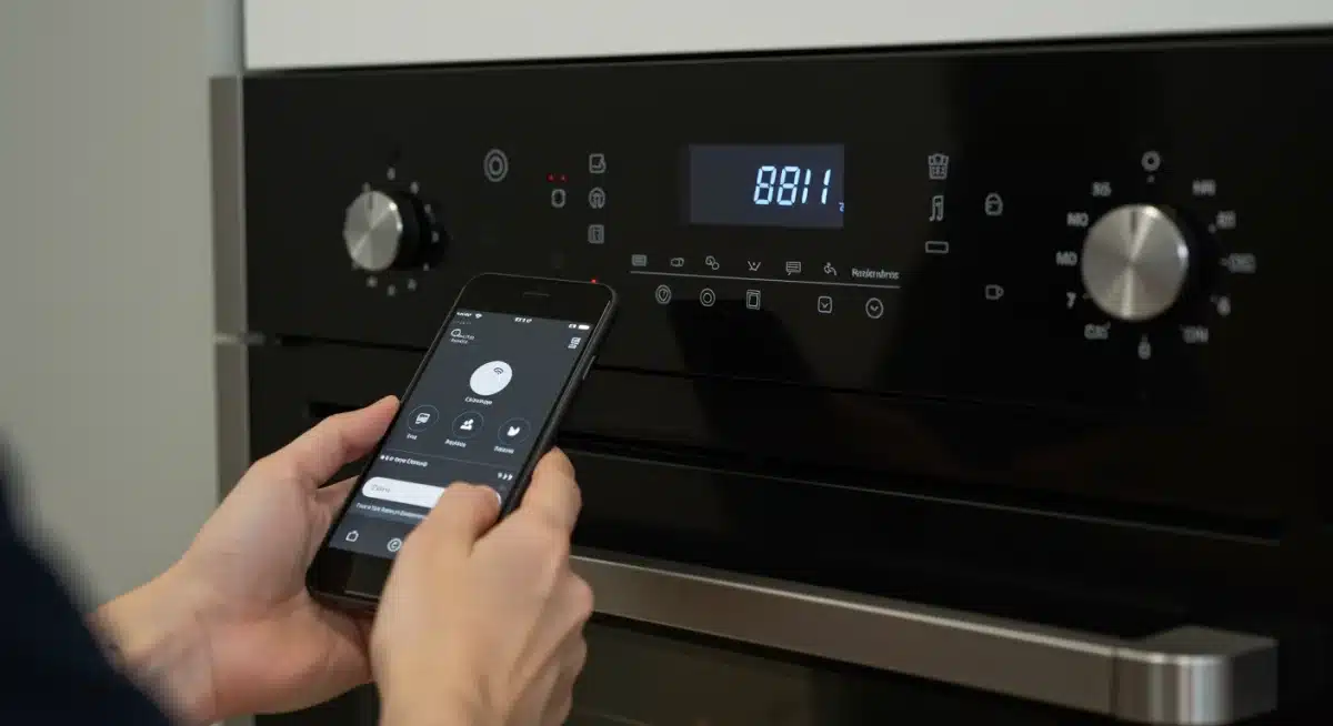 Person remotely controlling smart oven via smartphone app.