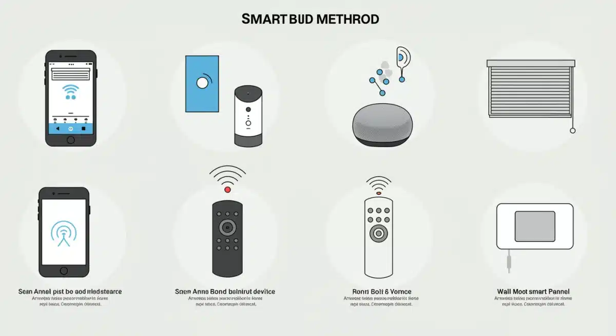Infographic showing multiple smart blind control methods: app, voice, remote, and wall panel.