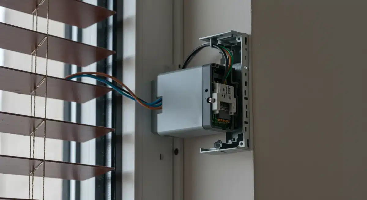 Close-up of a smart blind motor mechanism integrated into a window frame.