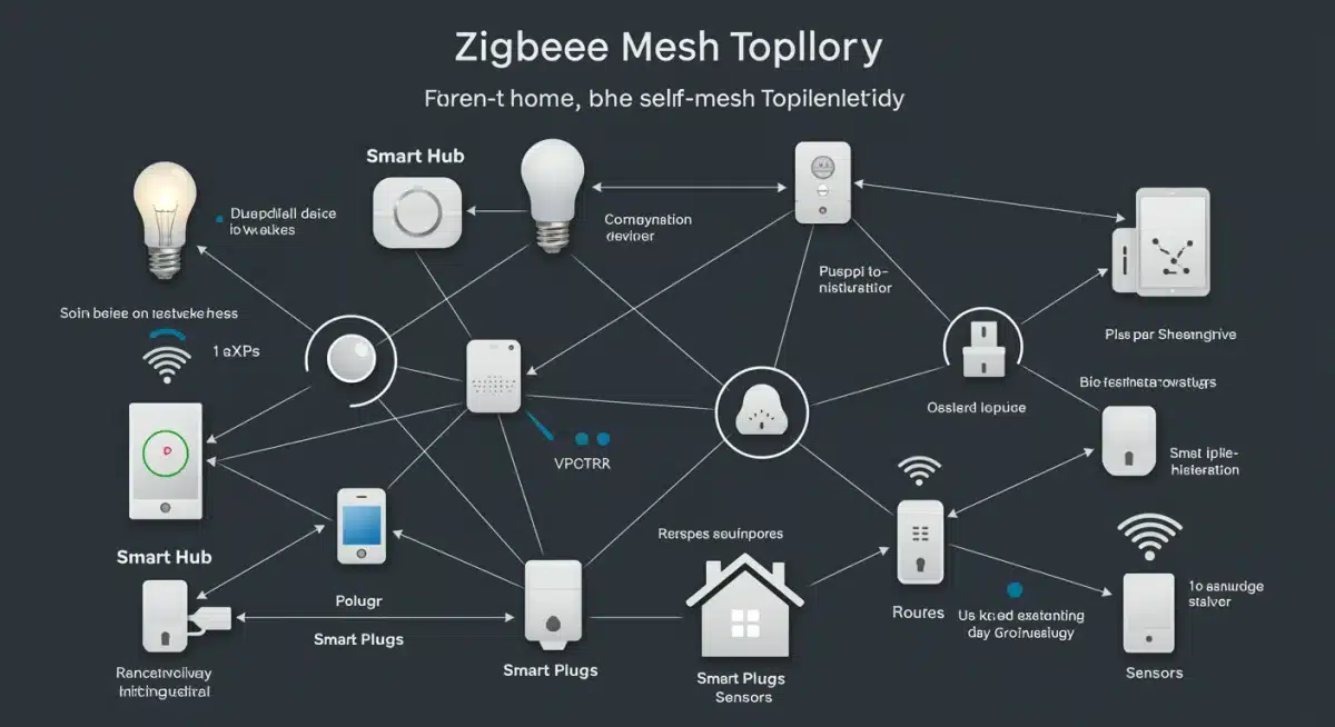Diagram showing Zigbee mesh network topology with interconnected smart home devices.