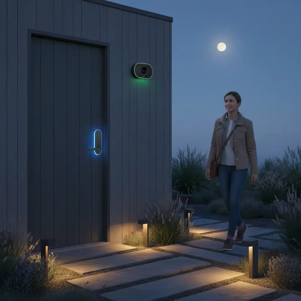 Automated smart lock securing a front door as a person leaves