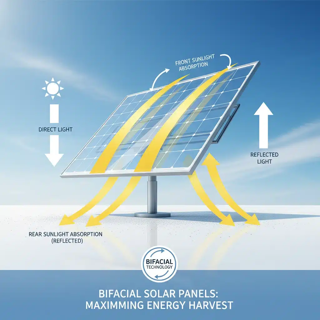 Infographic explaining how bifacial solar panels capture sunlight from both sides for increased power.