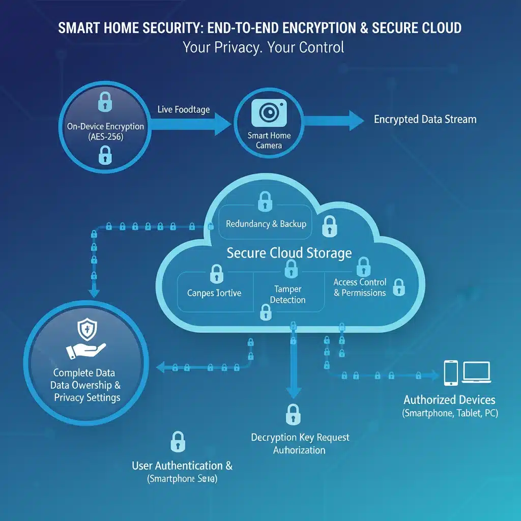 Diagram of secure data encryption and cloud storage for security cameras