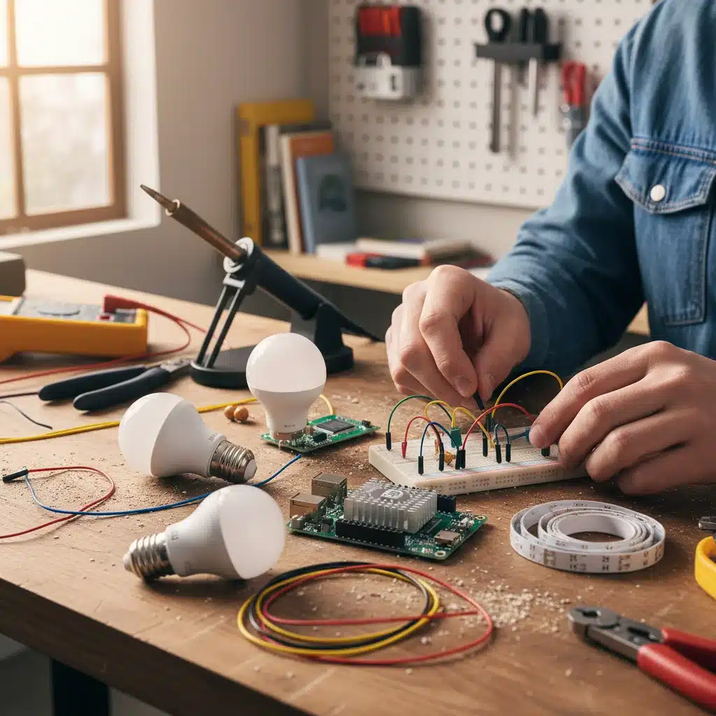 Smart home components for DIY voice lighting project.