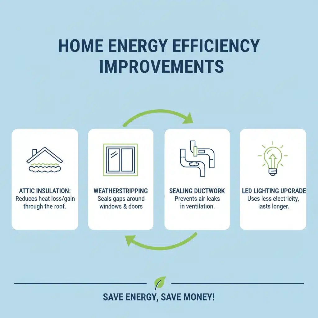 Infographic showing home energy efficiency improvements like insulation and weatherstripping.