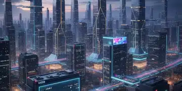Futuristic city with smart LED lighting demonstrating energy efficiency