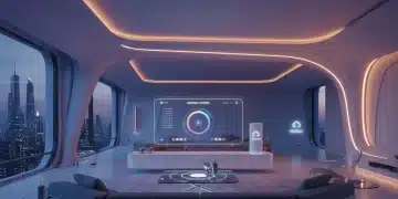 Futuristic smart home living room with Matter protocol lighting