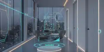 Futuristic smart home interior with integrated motion and contact sensors, displaying data on a holographic interface.