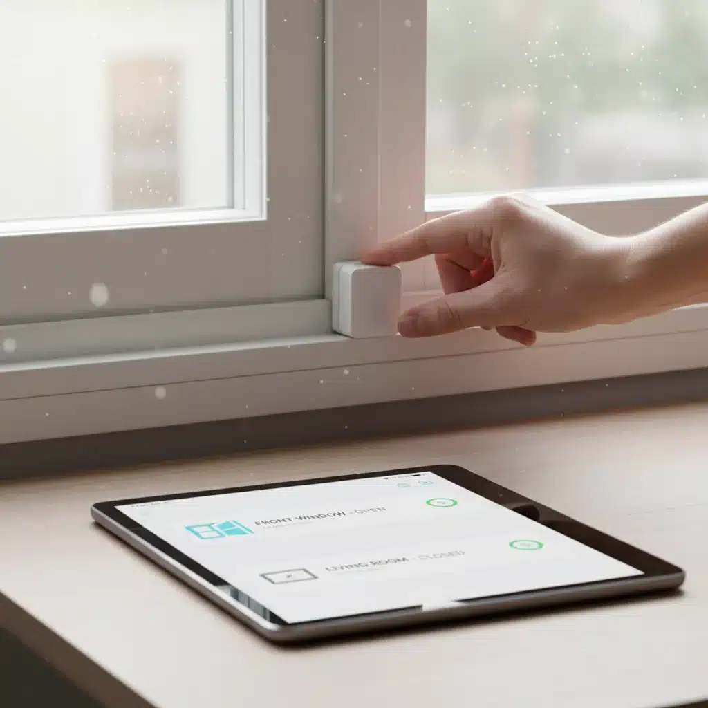 Installing a discreet contact sensor on a window frame for smart home security.