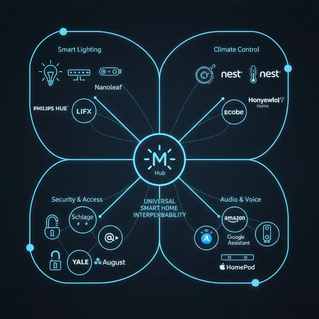 Diagram showing seamless interoperability of diverse smart home devices via Matter