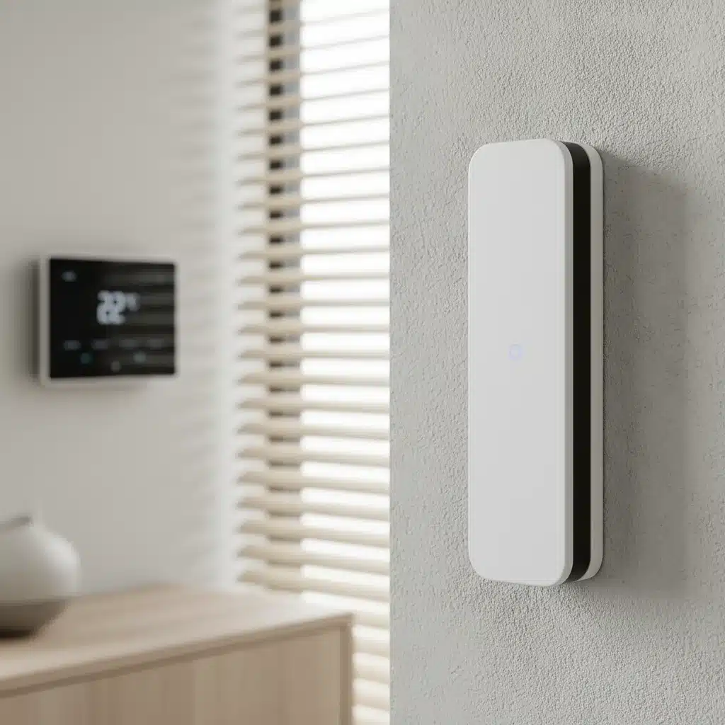 Minimalist motion sensor integrated into a modern smart home living room wall.