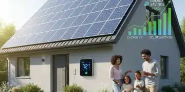 Modern home with solar panels and smart thermostat, representing energy efficiency and savings.