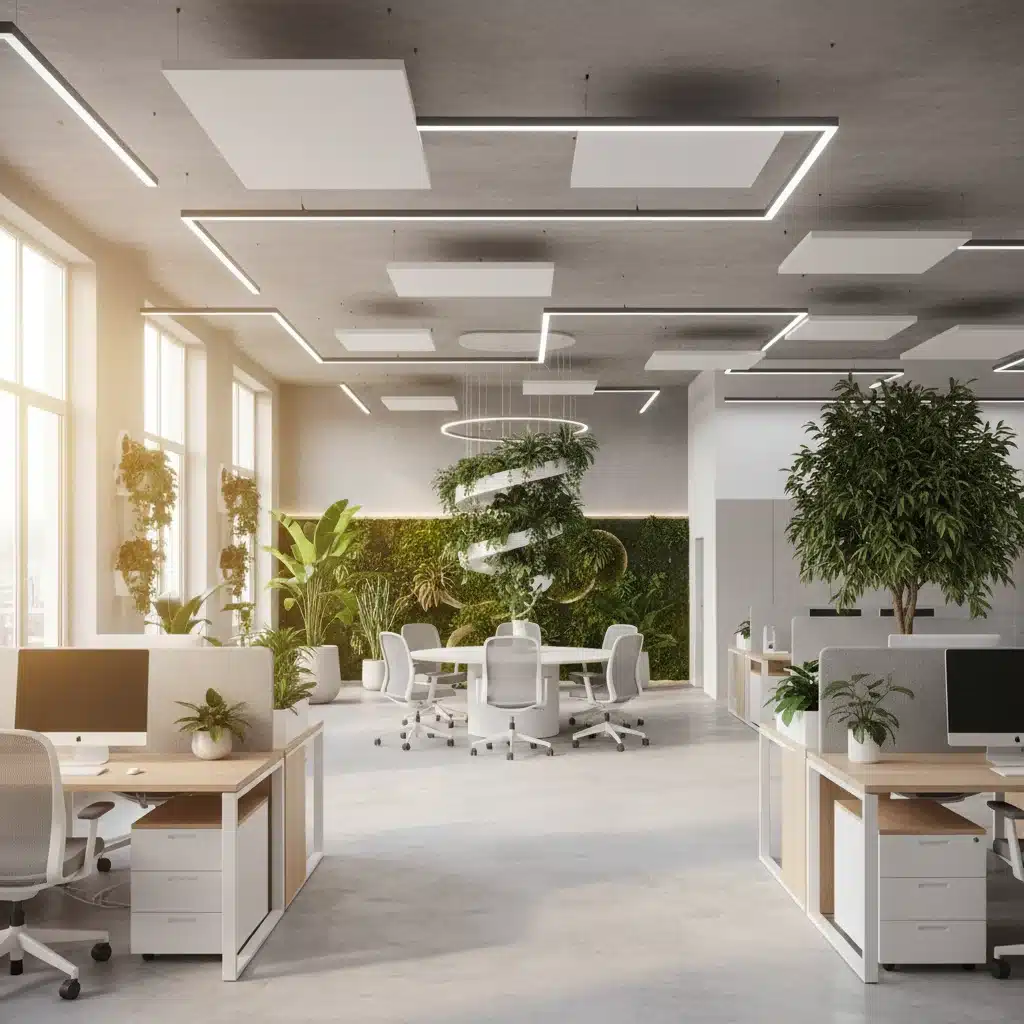 Modern office interior with dynamic, adaptive LED lighting for comfort