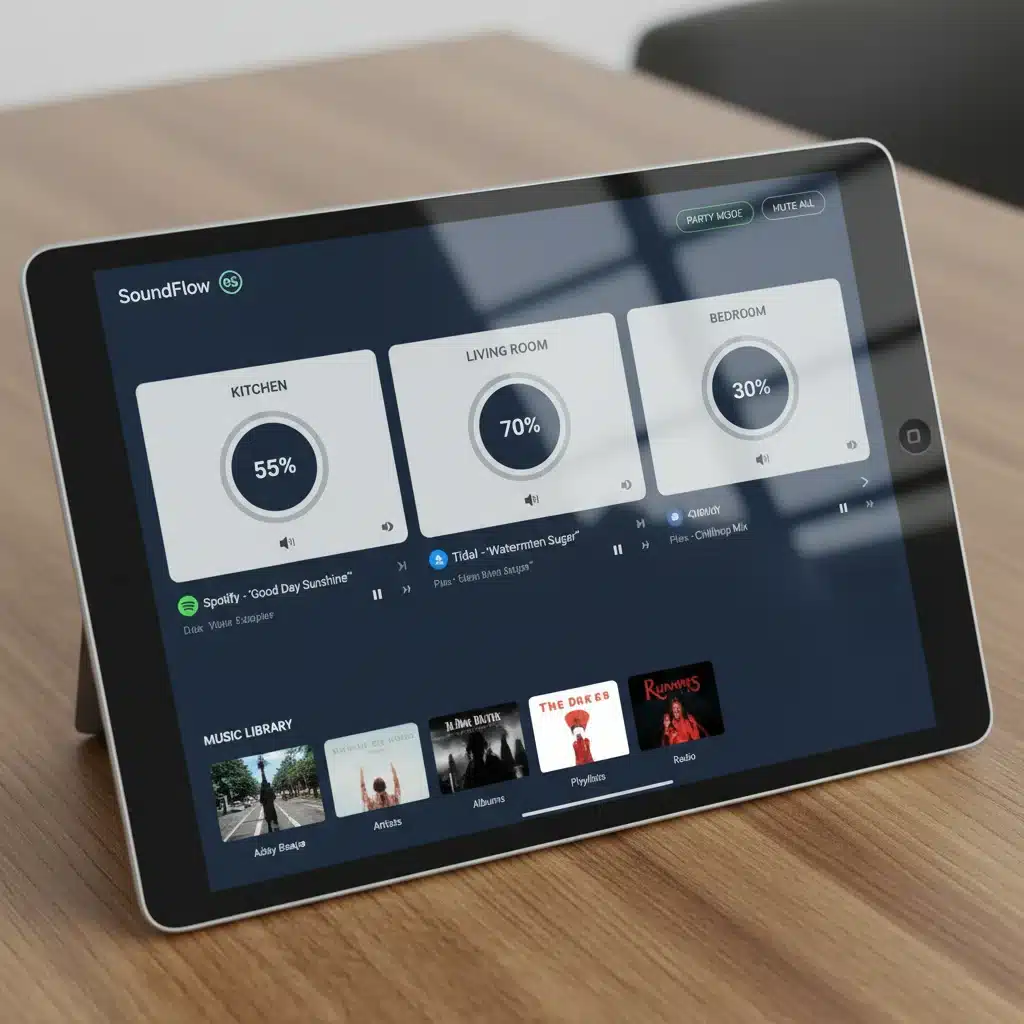 Open-source multi-room audio control interface on a tablet.
