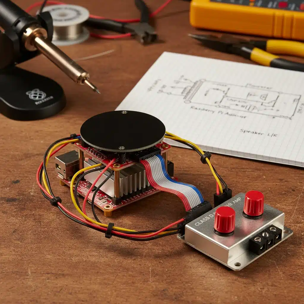 Raspberry Pi with DAC HAT and amplifier for DIY audio setup.