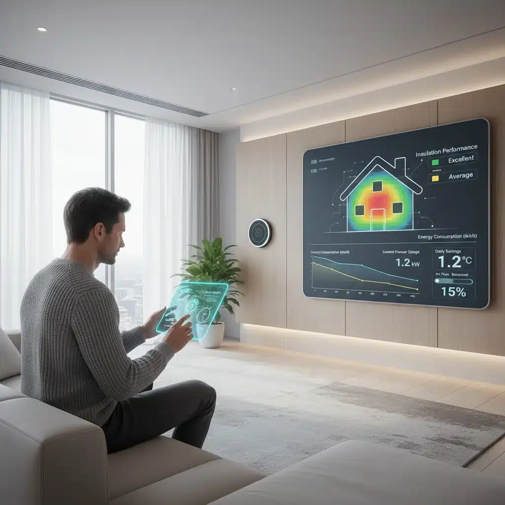 Smart home interface showing energy data and insulation performance on a tablet