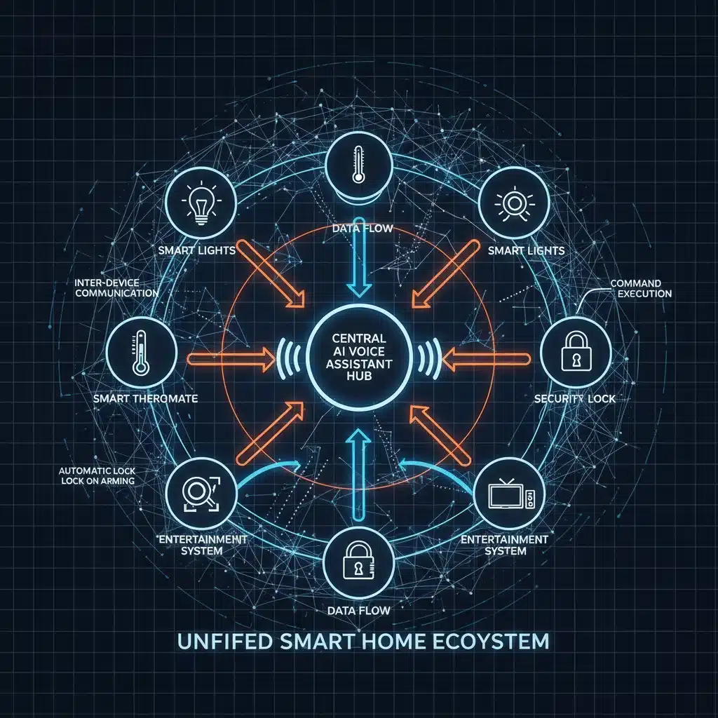 Diagram showing interconnected smart home devices with central AI voice assistant