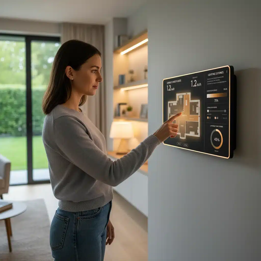 User adjusting smart lighting settings on a home automation hub with energy data.