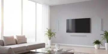 Integrated multi-room audio system in a modern smart home living room.