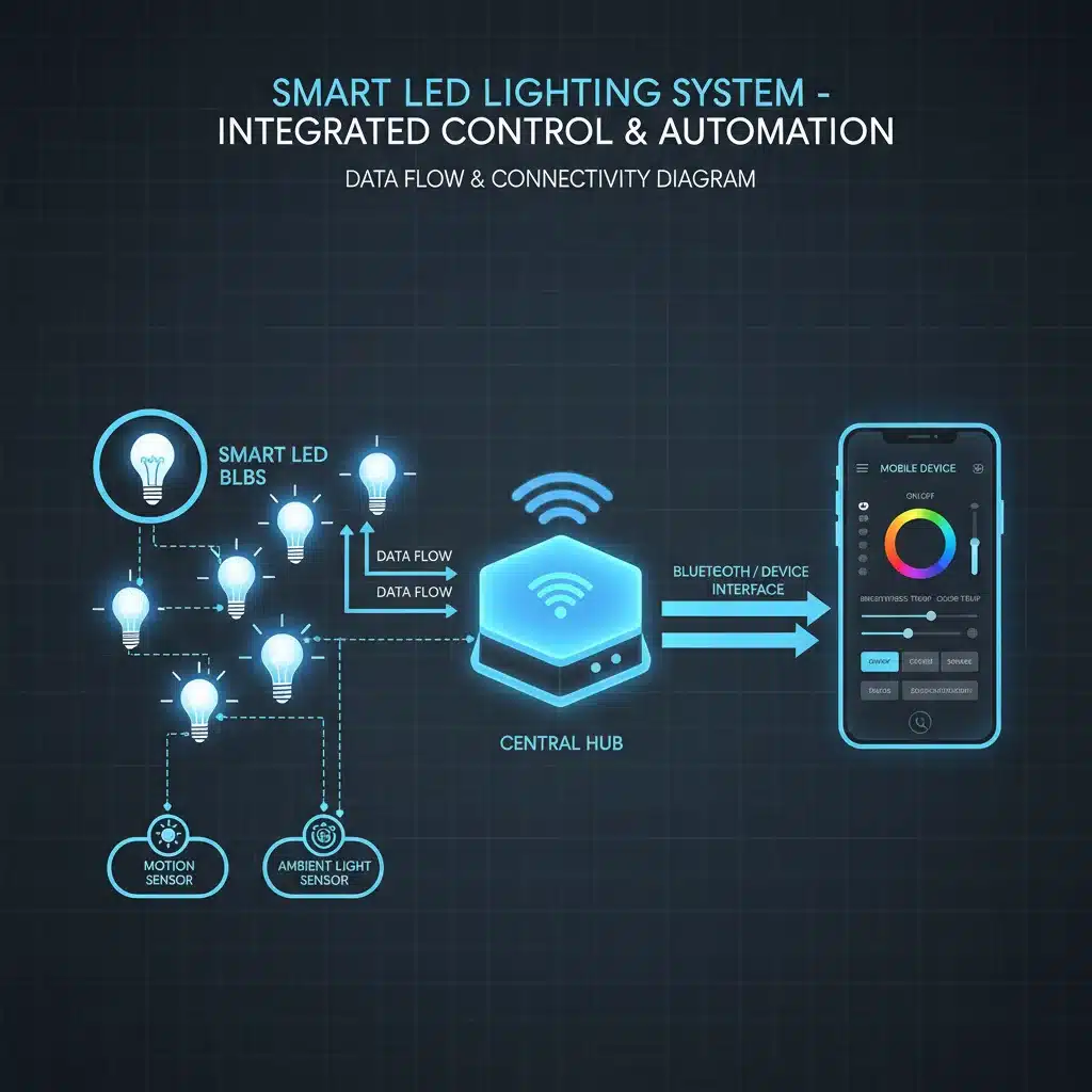 Diagram of smart LED lighting system components and data flow