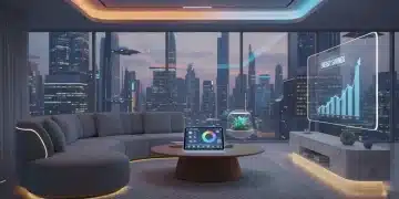 Modern living room with smart lighting displaying energy efficiency data on a tablet.