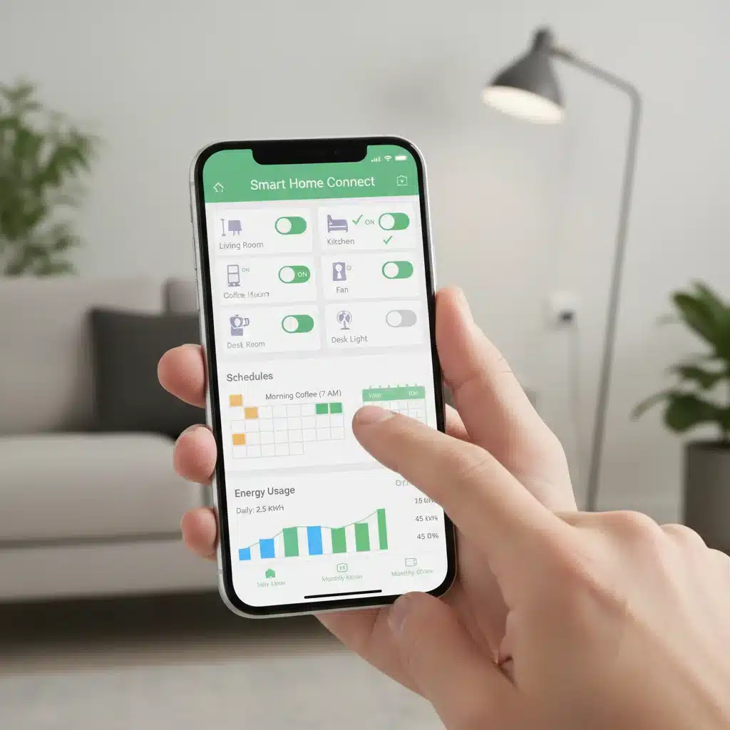 Smartphone app controlling smart plugs, displaying scheduling and energy monitoring features