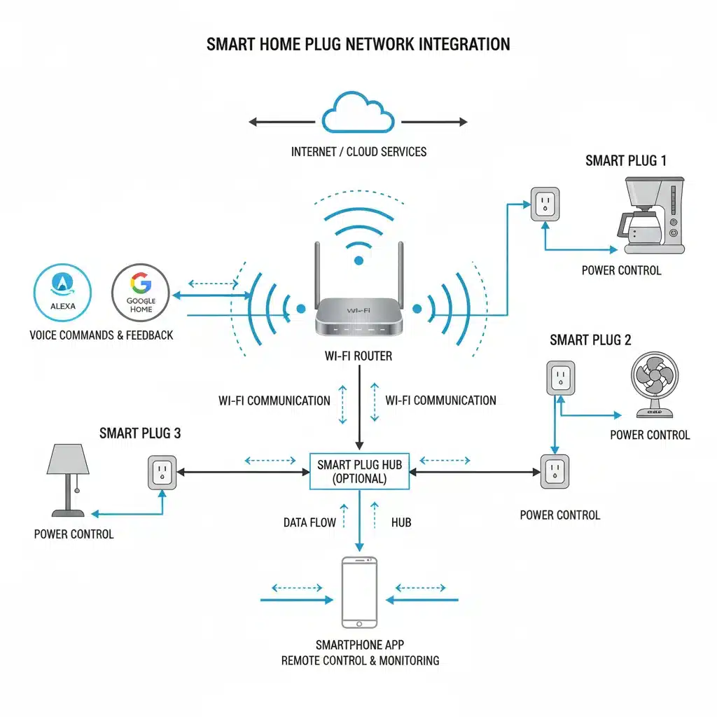 Diagram showing smart plug integration with home network and voice assistants