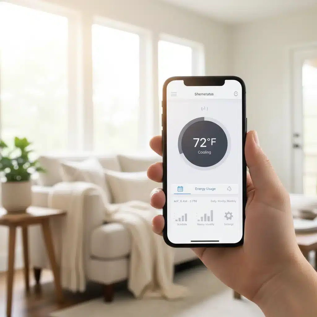 Smartphone app controlling a smart thermostat remotely.