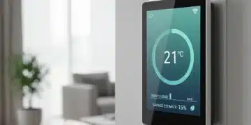 Sleek smart thermostat displaying energy savings data in a modern home