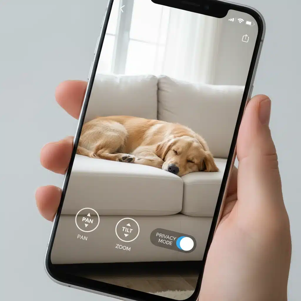 Smartphone displaying live feed from smart security camera with privacy controls
