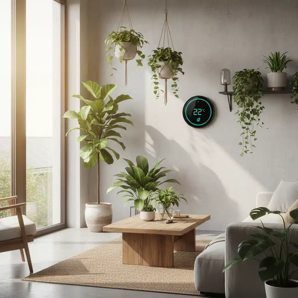 Eco-friendly home interior with smart thermostat promoting sustainability