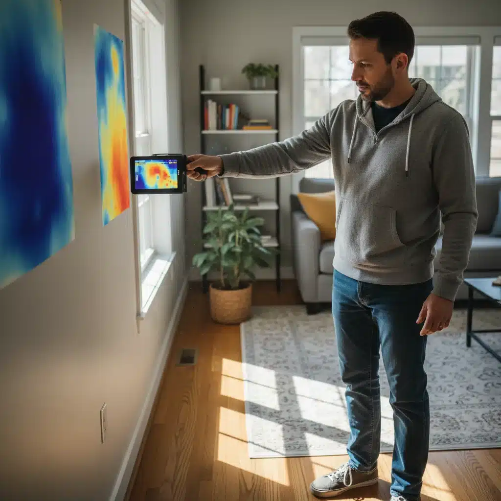 Homeowner using thermal camera to detect energy leaks in a wall.