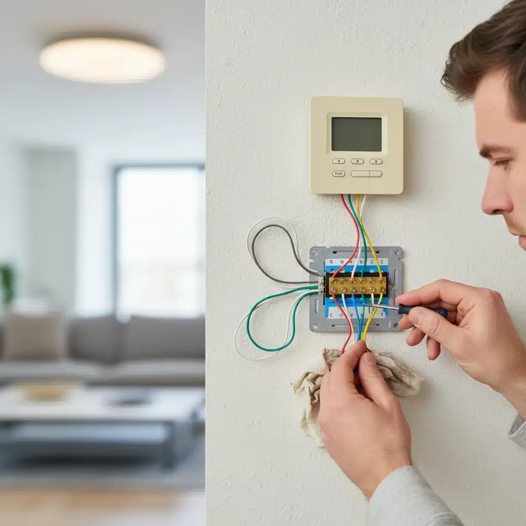 Connecting wires during DIY smart thermostat installation.