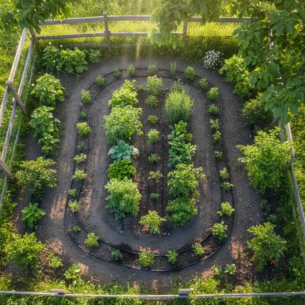 Efficient drip irrigation system in a cultivated home garden.