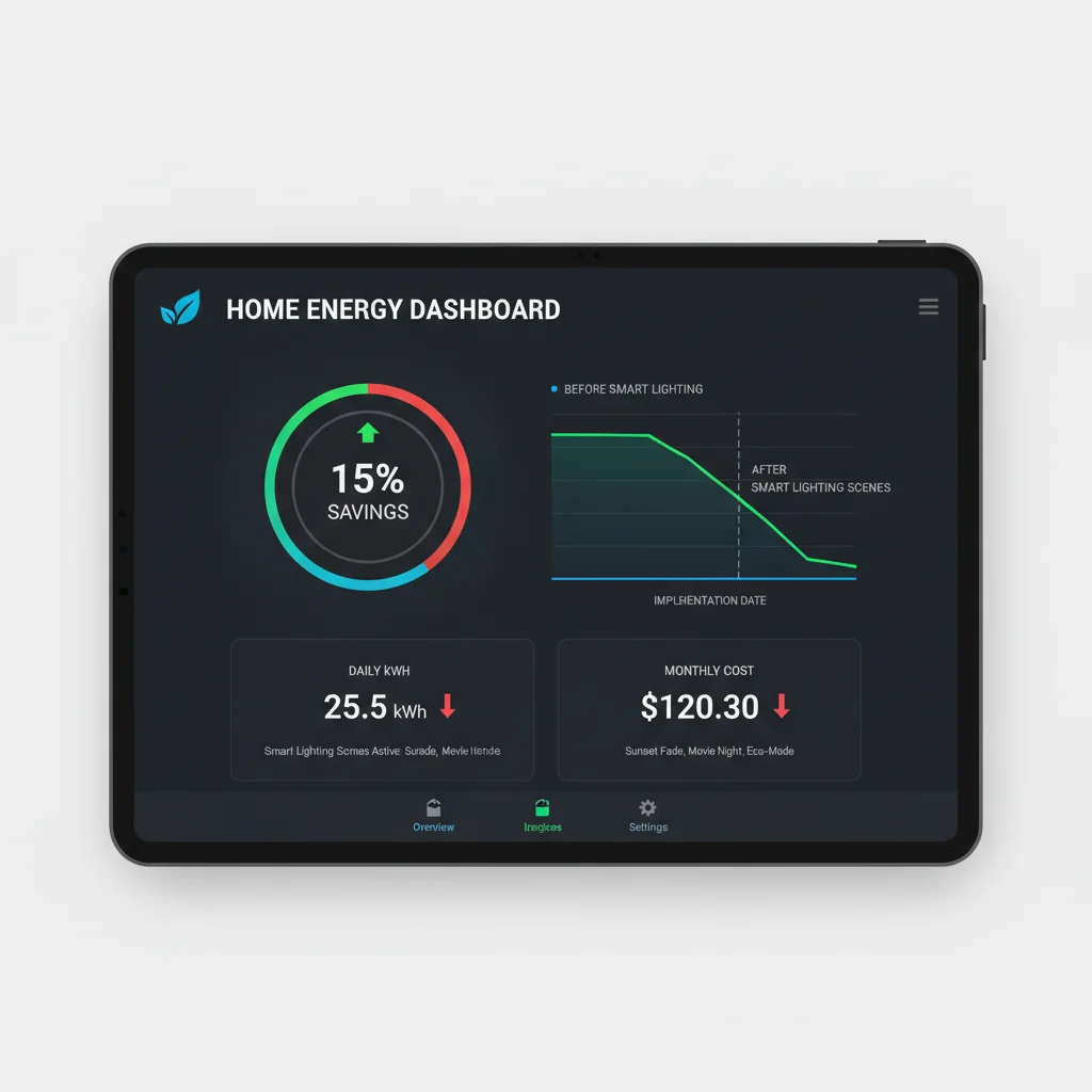Smart home app displaying energy savings from optimized lighting scenes.