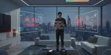 Futuristic living room with smart devices showing errors, person troubleshooting on tablet.