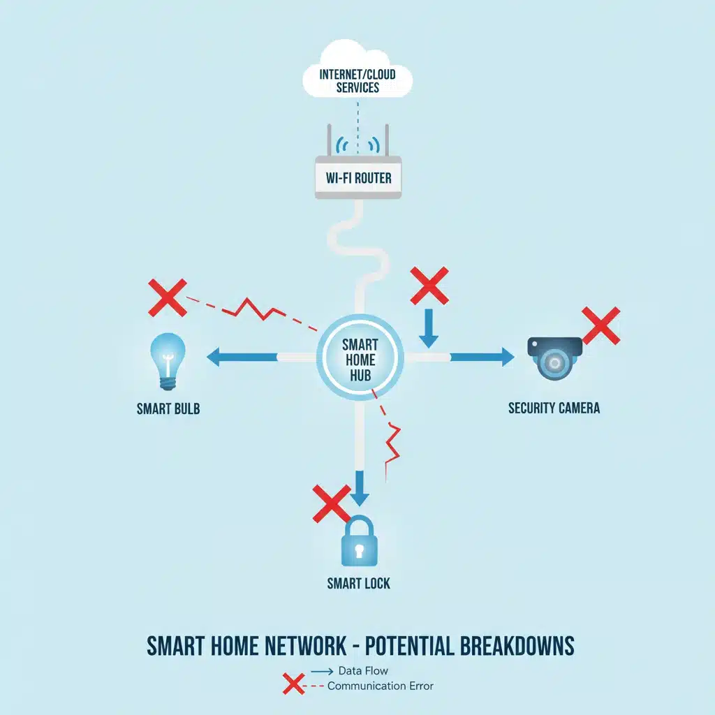 Infographic of smart home network diagram showing device communication issues.
