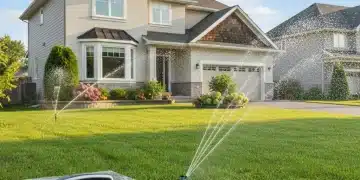 Smart irrigation system watering a lush green lawn in a US suburban backyard.