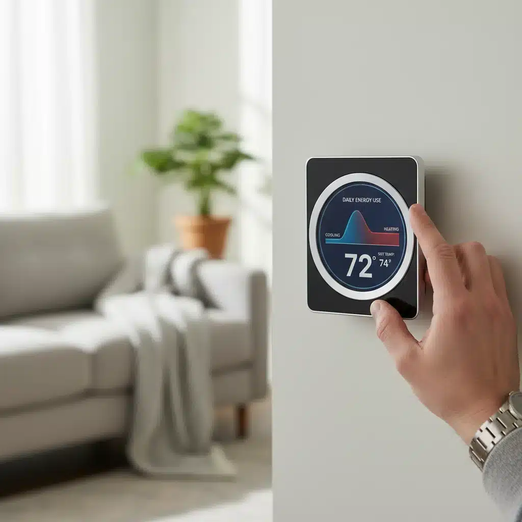 Smart thermostat displaying energy usage data.