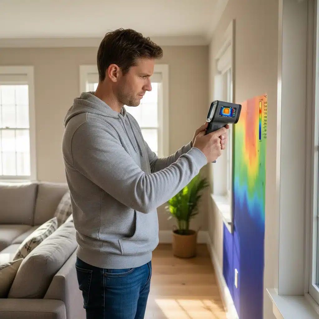 Homeowner using thermal camera to detect heat leaks.