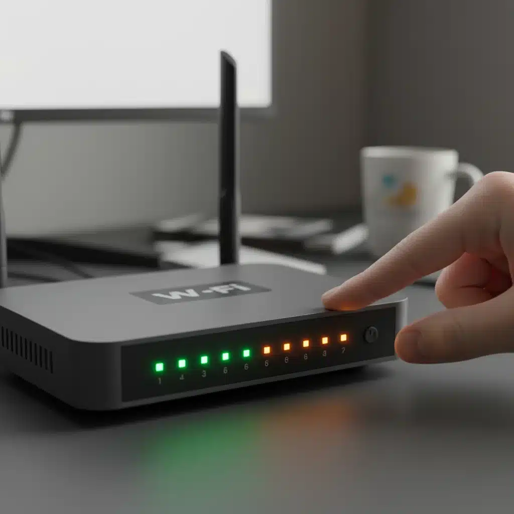 Close-up of a Wi-Fi router with blinking lights, a hand about to reset it.