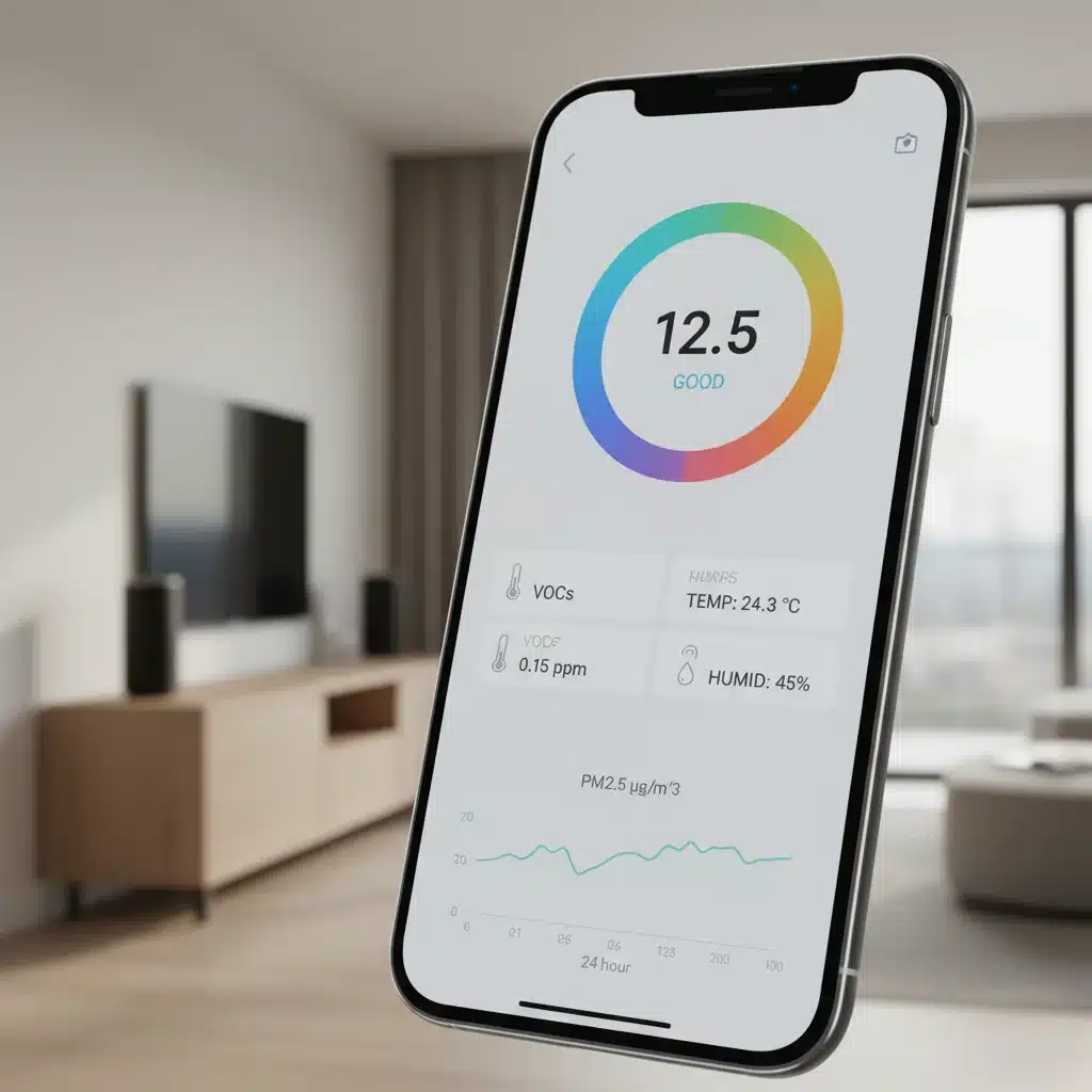 Smartphone app displaying detailed real-time air quality data from a smart monitor.